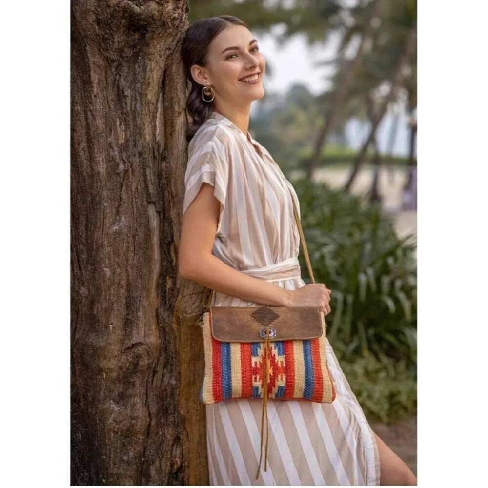 Leather & Canvas Crossbody Bag Small Lightweight Multiple Pockets